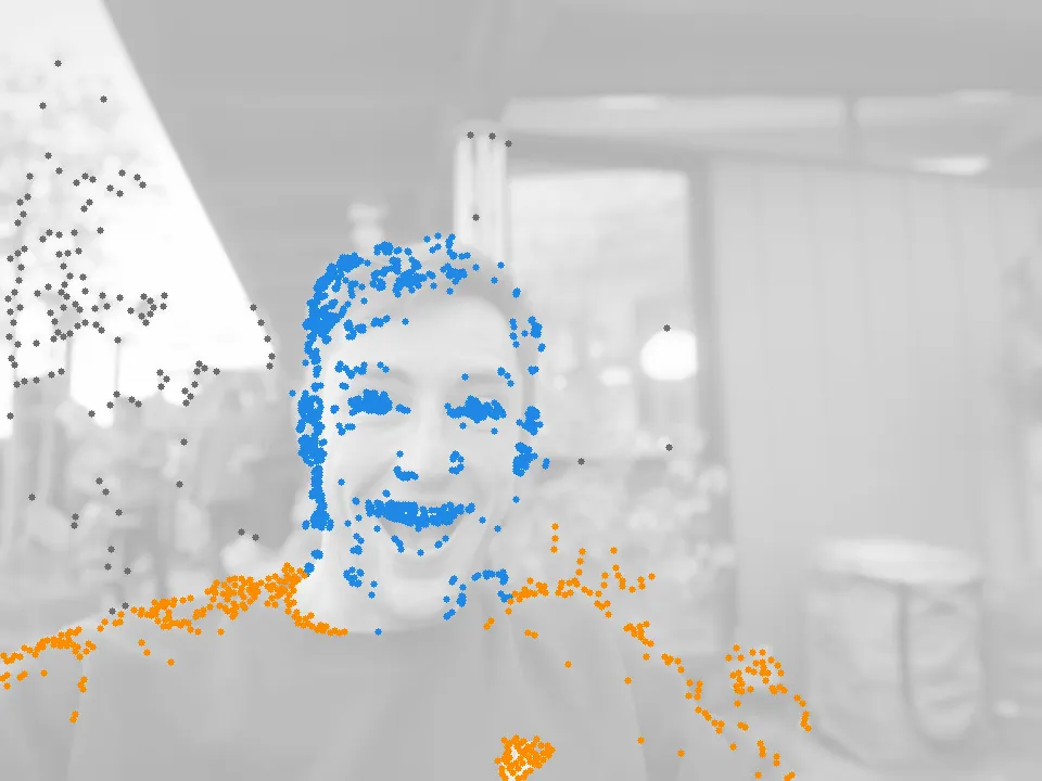 The 1,600 selected markers over a lightened portrait: blue on the face, orange on the body, gray in the background